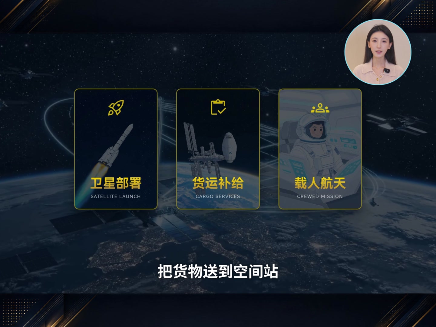 作品画面：卫星部署、货运补给和载人航天的三组信息卡片。